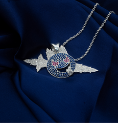 Sword-Wielding Blue Devil Emoji Pendant with Silver chain 20 to 24 inch adjustable.