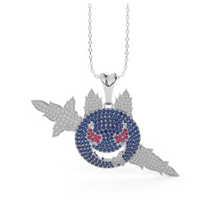 Sword-Wielding Blue Devil Emoji Pendant with Silver chain 20 to 24 inch adjustable.